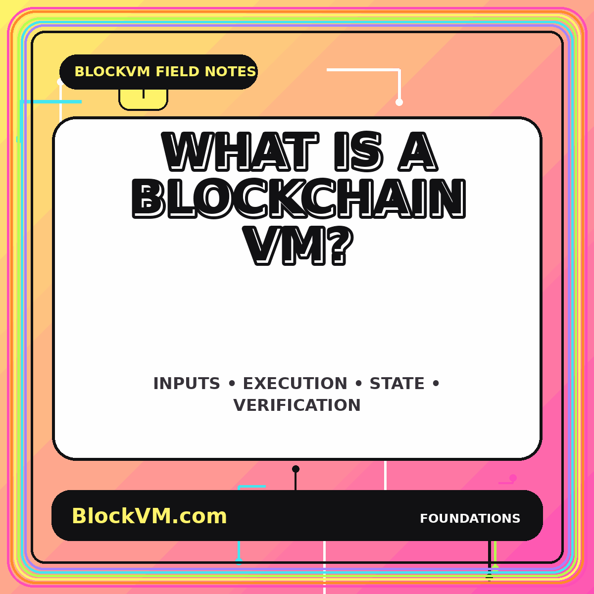 Neon BlockVM typography card reading What Is a Blockchain Virtual Machine
